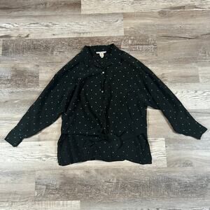 Vintage Alfred Sung Black Silk Blouse with Green Dot Print and Tie Hem 14 XL